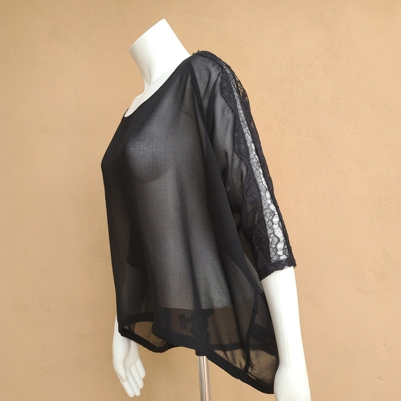 THERAPY Sheer Black Lace Blouse 10 M Top 3/4 Sleeve Tulip Hem Indie Goth Punk - Picture 7 of 13